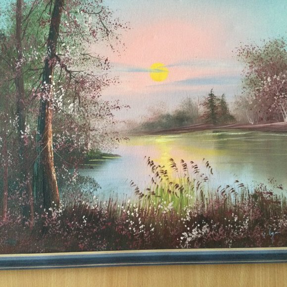 Original landscape painting on canvas lake side signed professionally framed - Picture 4 of 12